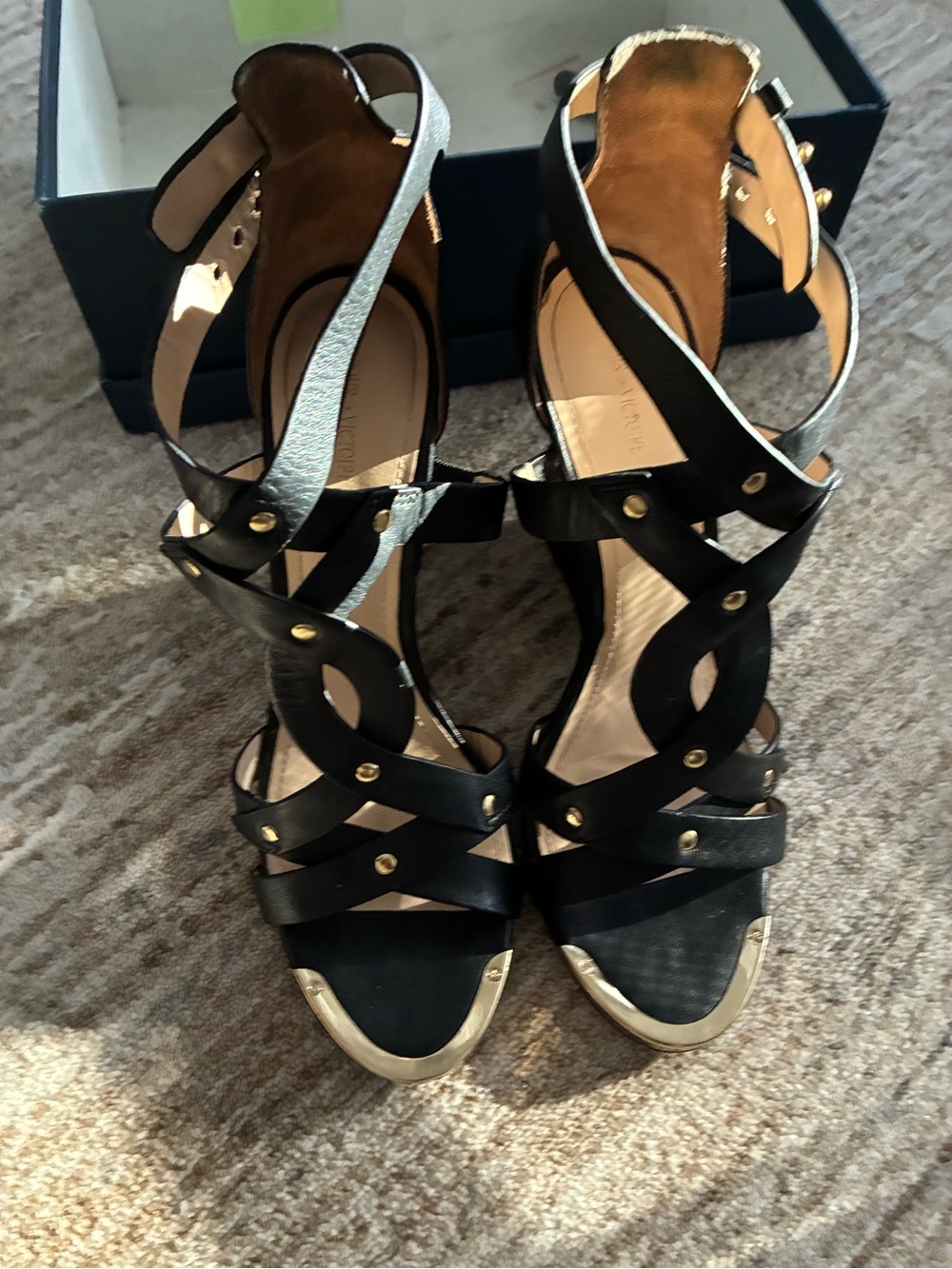 Pour La Victoire Black Strappy Heels with Gold Accents